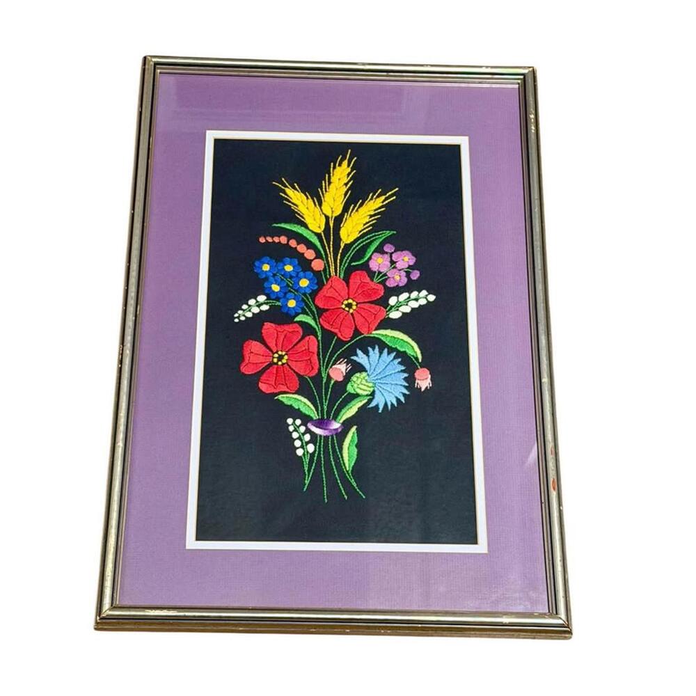 Vintage Art Needlepoint Colorful Floral Handcrafted MCM Embroidery Textile Art